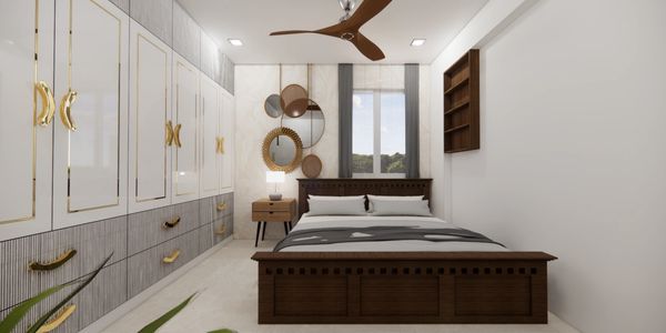 Modern bedroom with wooden bed, golden-handled wardrobes, and decorative round mirrors.
