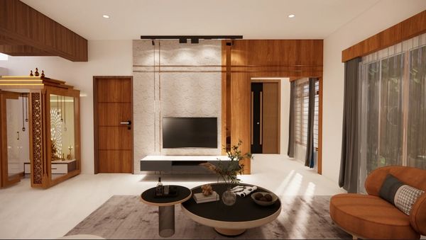 Modern living room with wooden accents and minimalist decor.