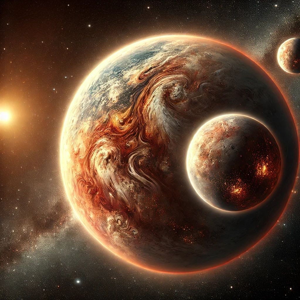 A swirling, fiery planet with two glowing moons in space.