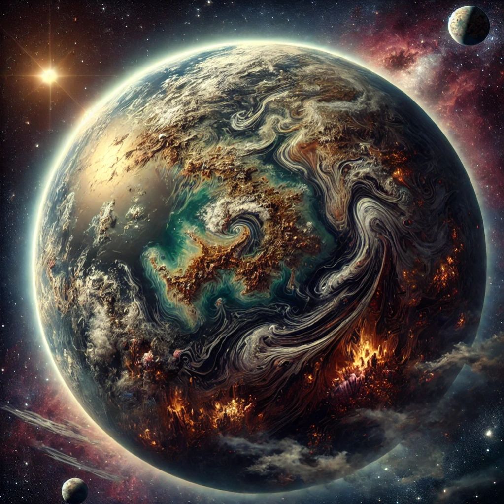 A vibrant, artistic depiction of a swirling planet in space.