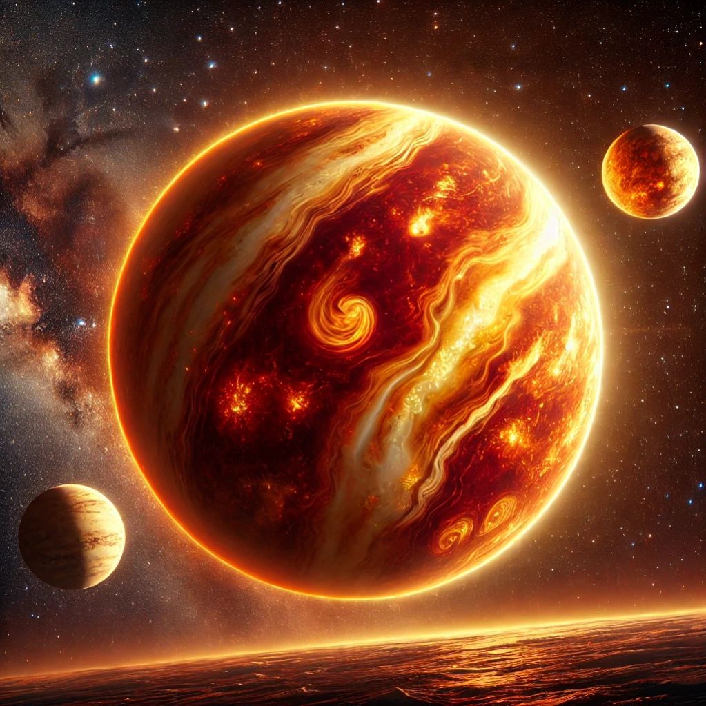 Bright fiery planet with swirling patterns and nearby smaller planets.