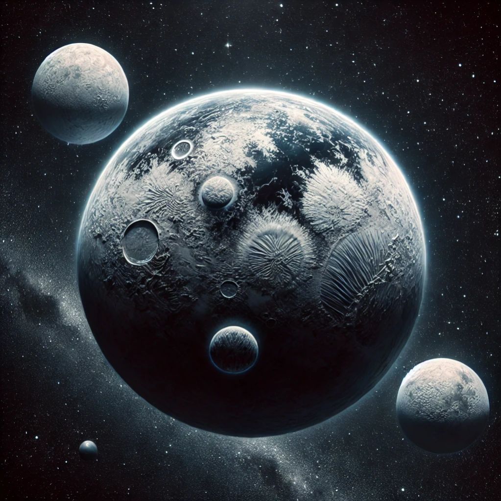 A large icy planet with multiple orbiting moons in space.