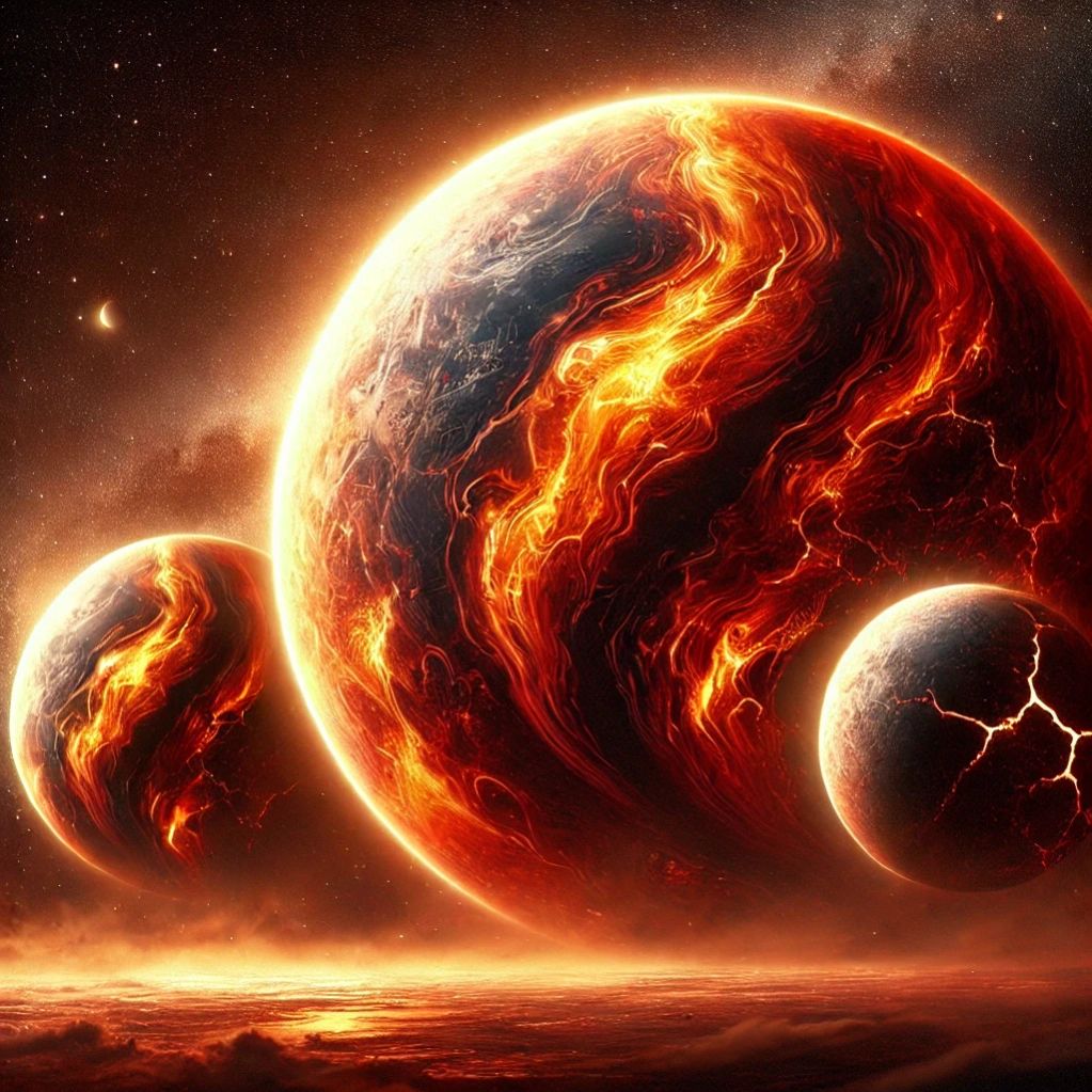 Three fiery, lava-covered planets in a cosmic scene.