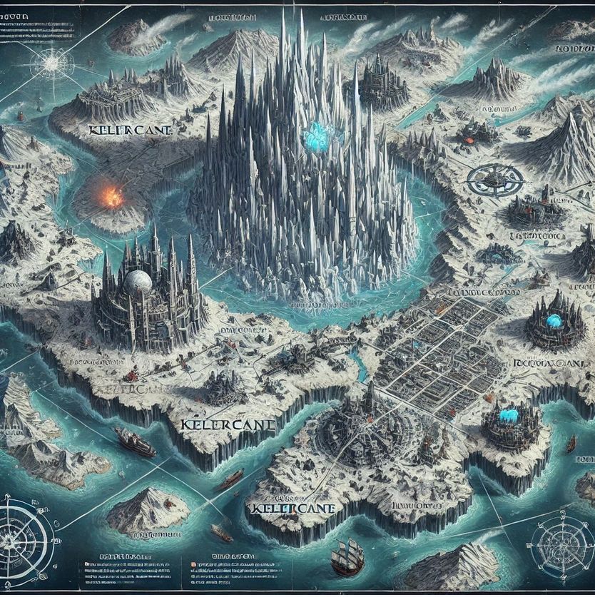 A detailed fantasy map with icy mountains and medieval cities.