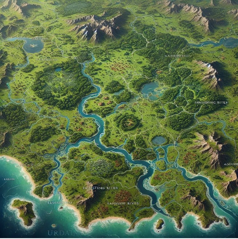 Detailed fantasy map with rivers, mountains, and forests.
