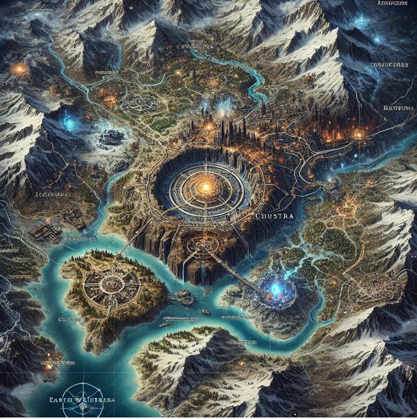 Detailed fantasy map with cities, rivers, and mountains.