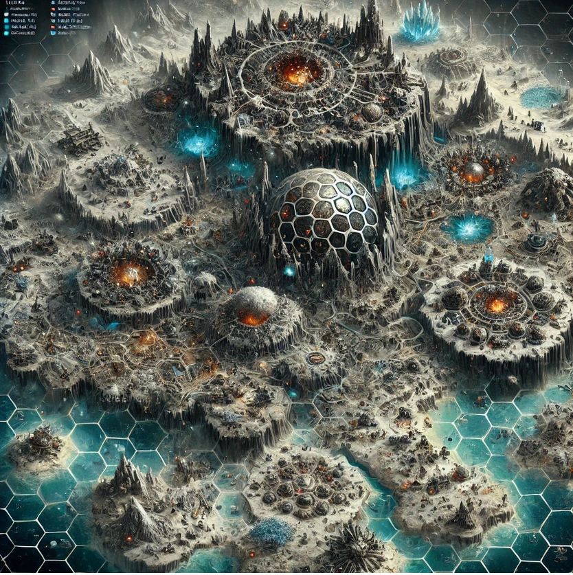 Futuristic sci-fi map with hexagonal layout and glowing structures.