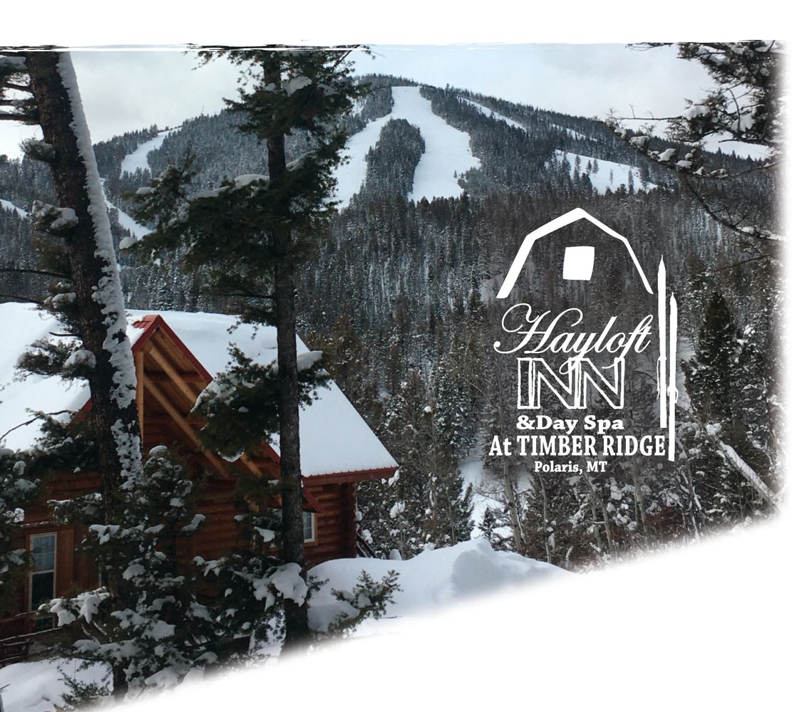 Snow-covered cabin nestled among pine trees with ski slopes in the background.
