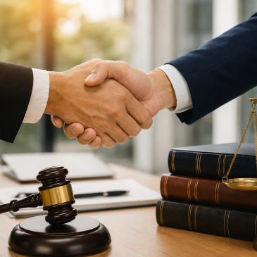 Dos personas estrechan sus manos en una oficina legal.