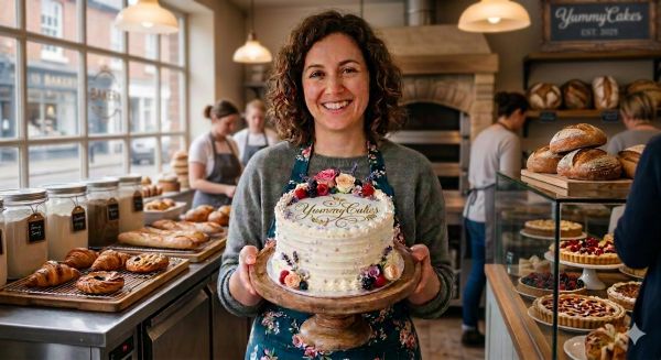 Smiling baker holding a decorated cake in a bakery.