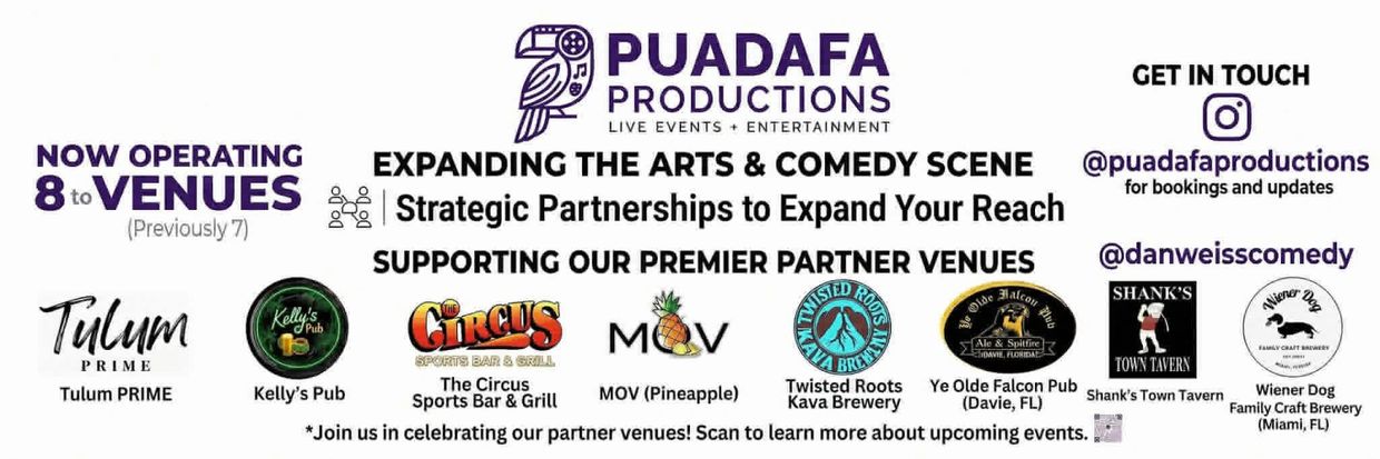 PUADAFA Productions promoting arts and comedy with partner venues.