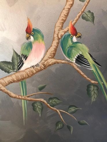 Tropical birds in Chinoiserie style mural