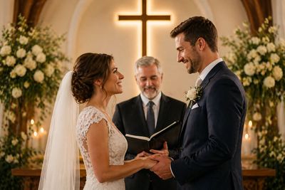 Bride and groom exchanging vows in a church with a cross in the background.