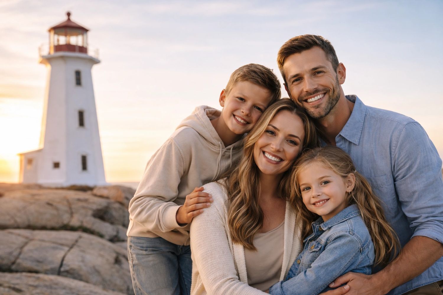 Smiling family of four posing near a lighthouse at sunset.