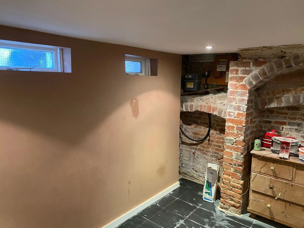 Basement refurbishment with thanking plastering and skimming in St Albans, Hertfordshire
