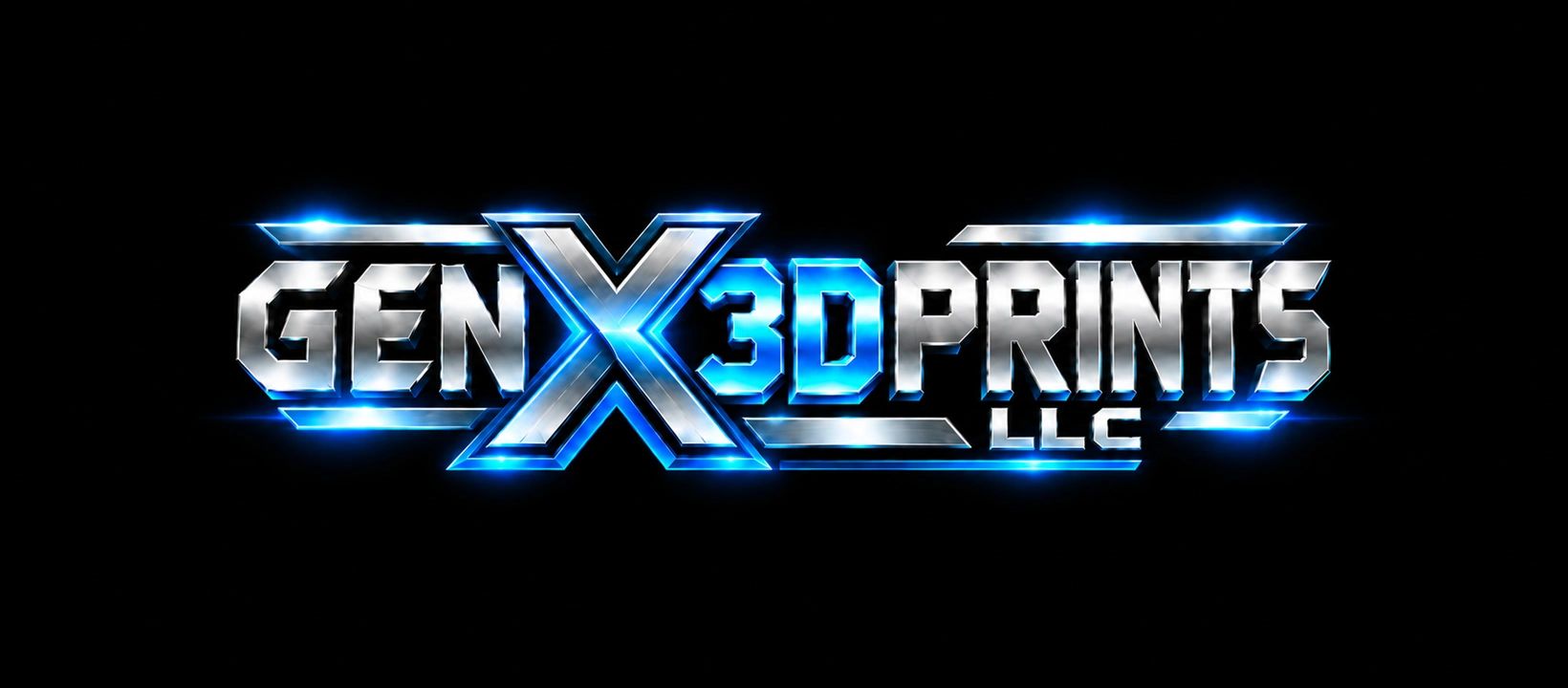 GenX3DPrints LLC wordmark in blue and silver on black.