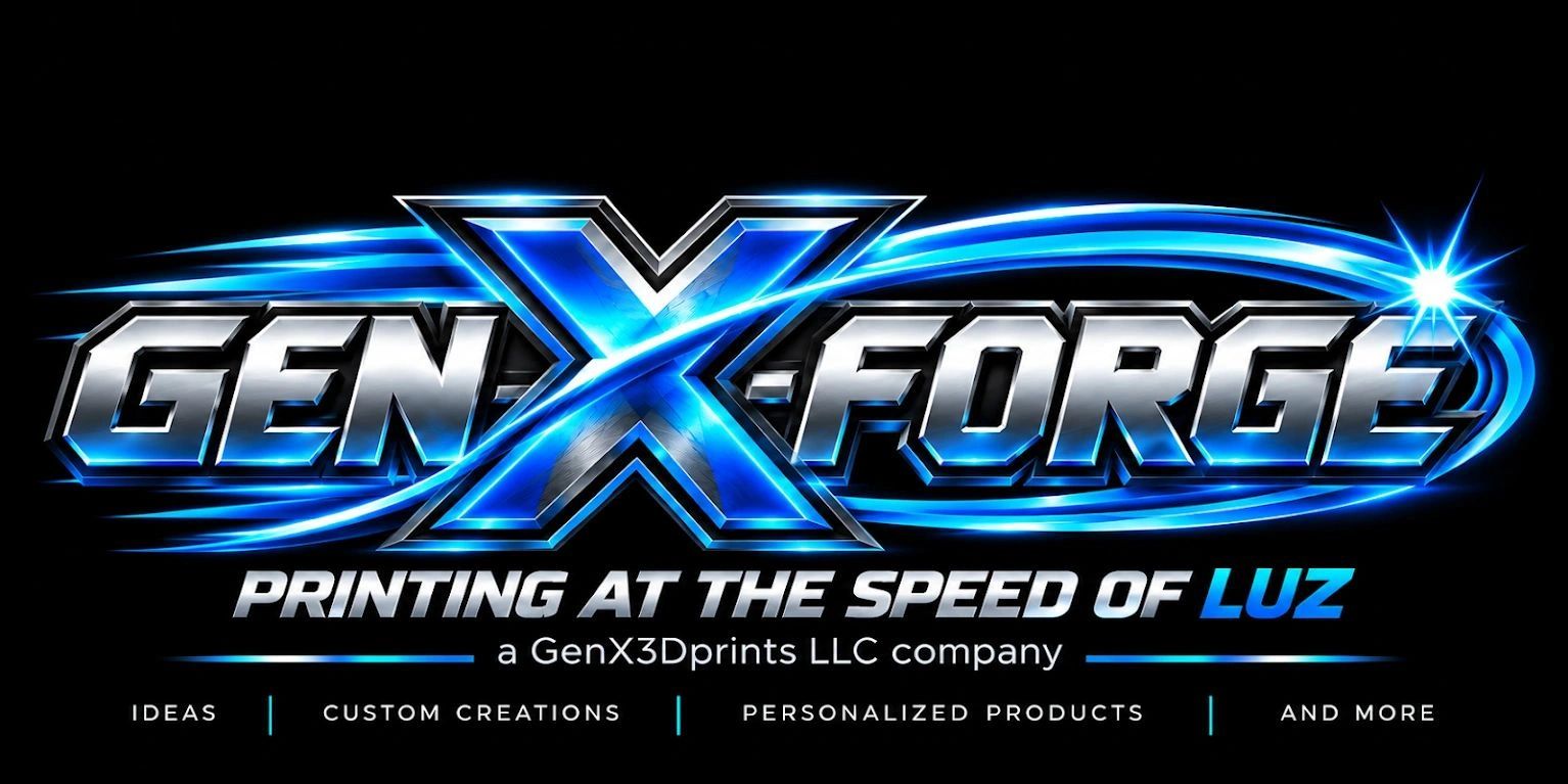 GenXForge logo — Printing at the speed of Luz. A GenX3Dprints LLC company.