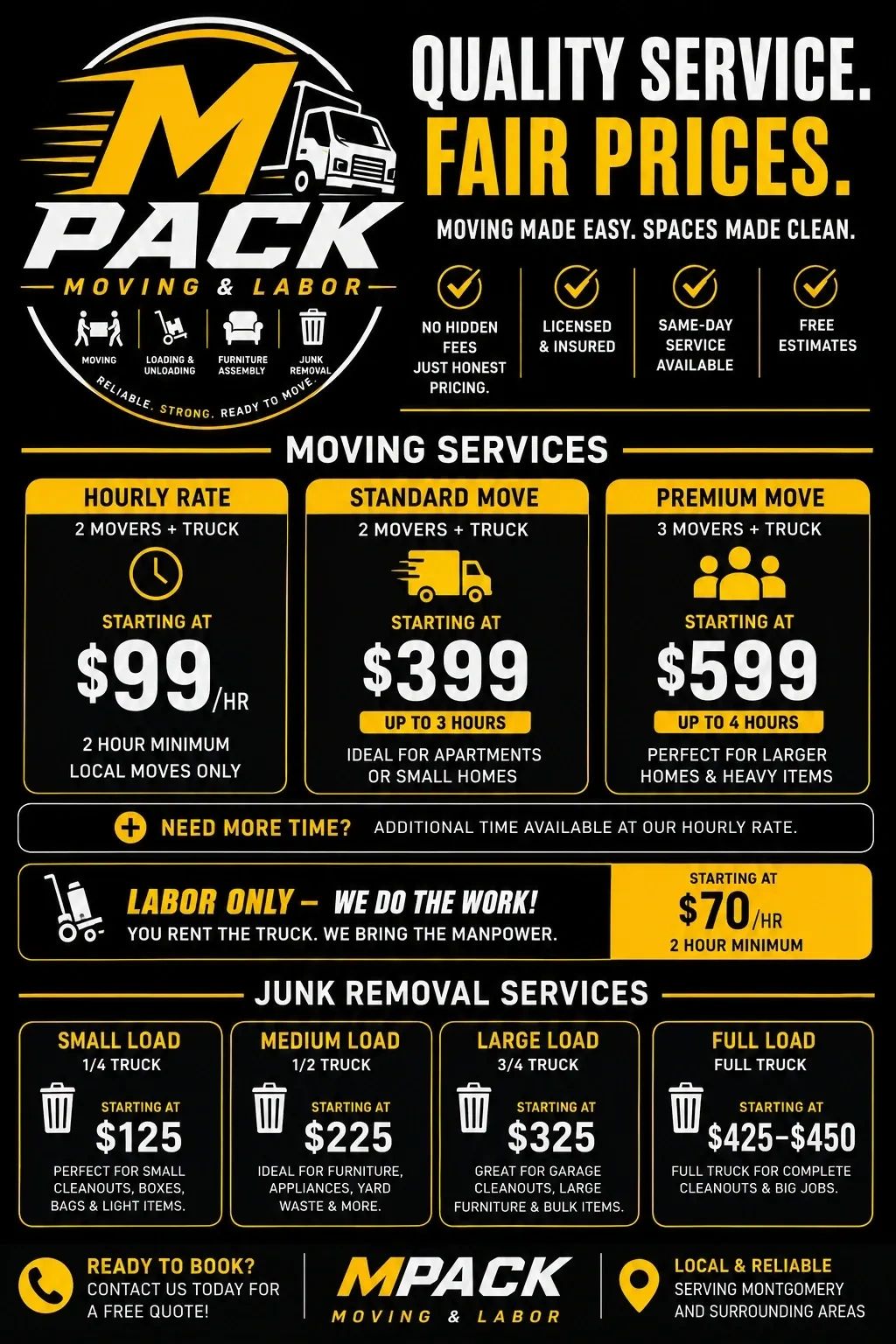 M Pack Moving &amp; Labor offers local moving and junk removal services with fair pricing.