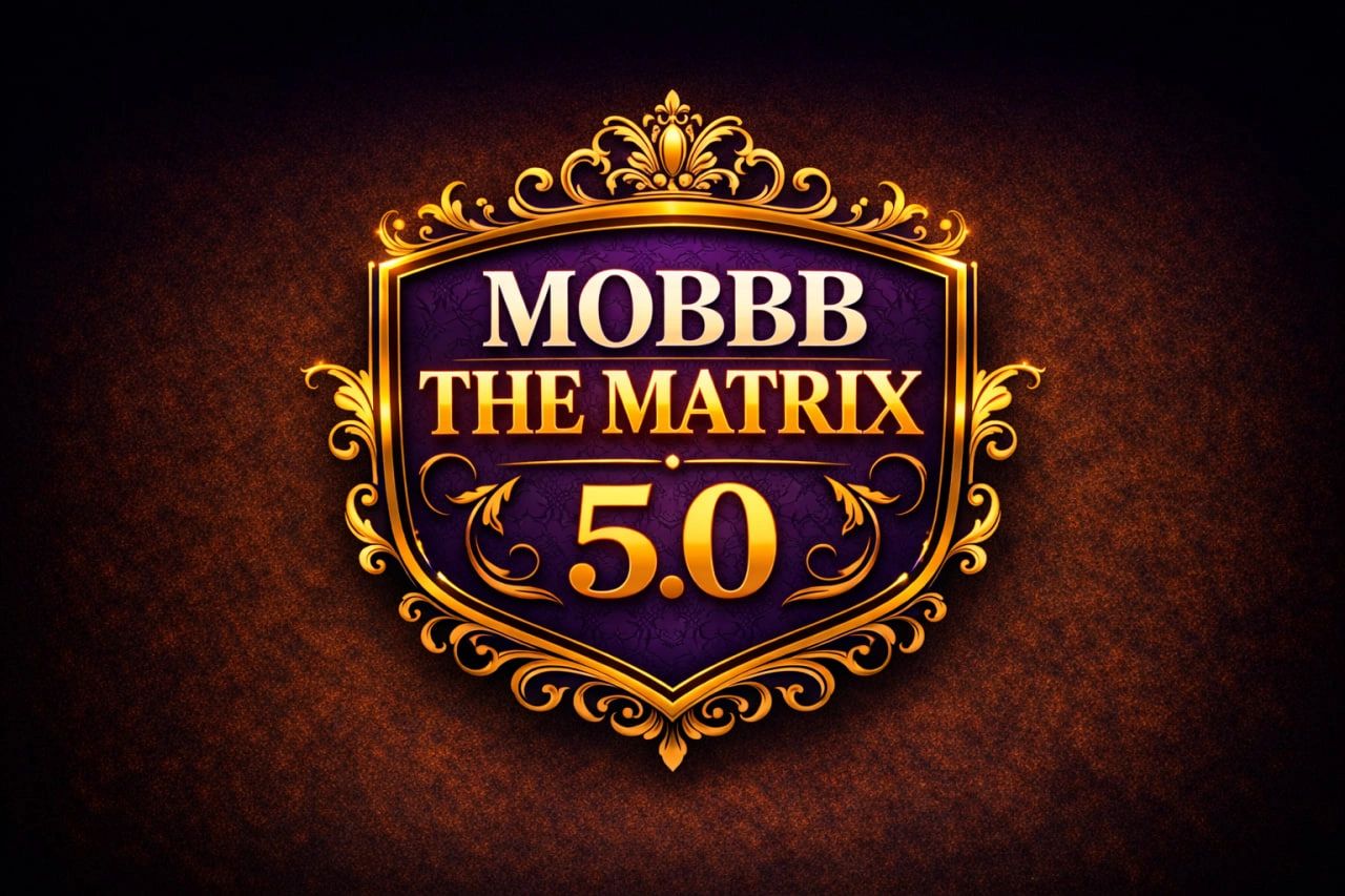 Ornate golden emblem with 'MOBBB THE MATRIX 5.0' on a purple background.