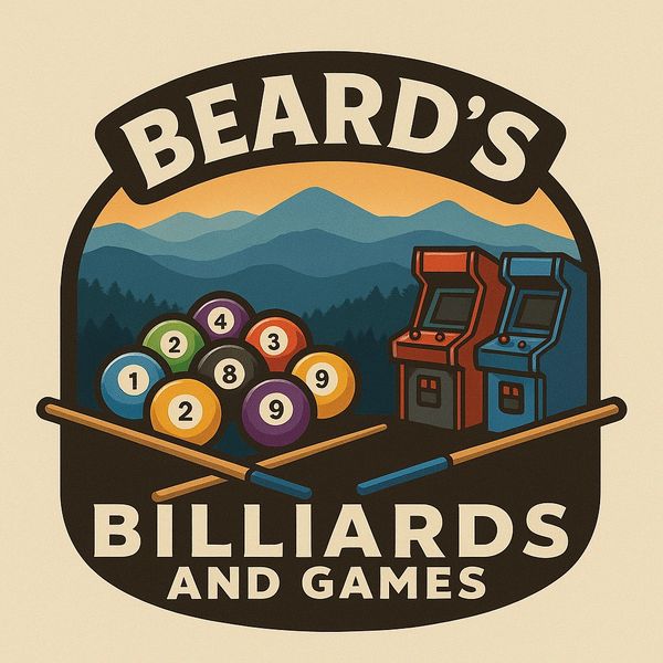 Logo featuring billiard balls, cues, and arcade machines with mountain backdrop.