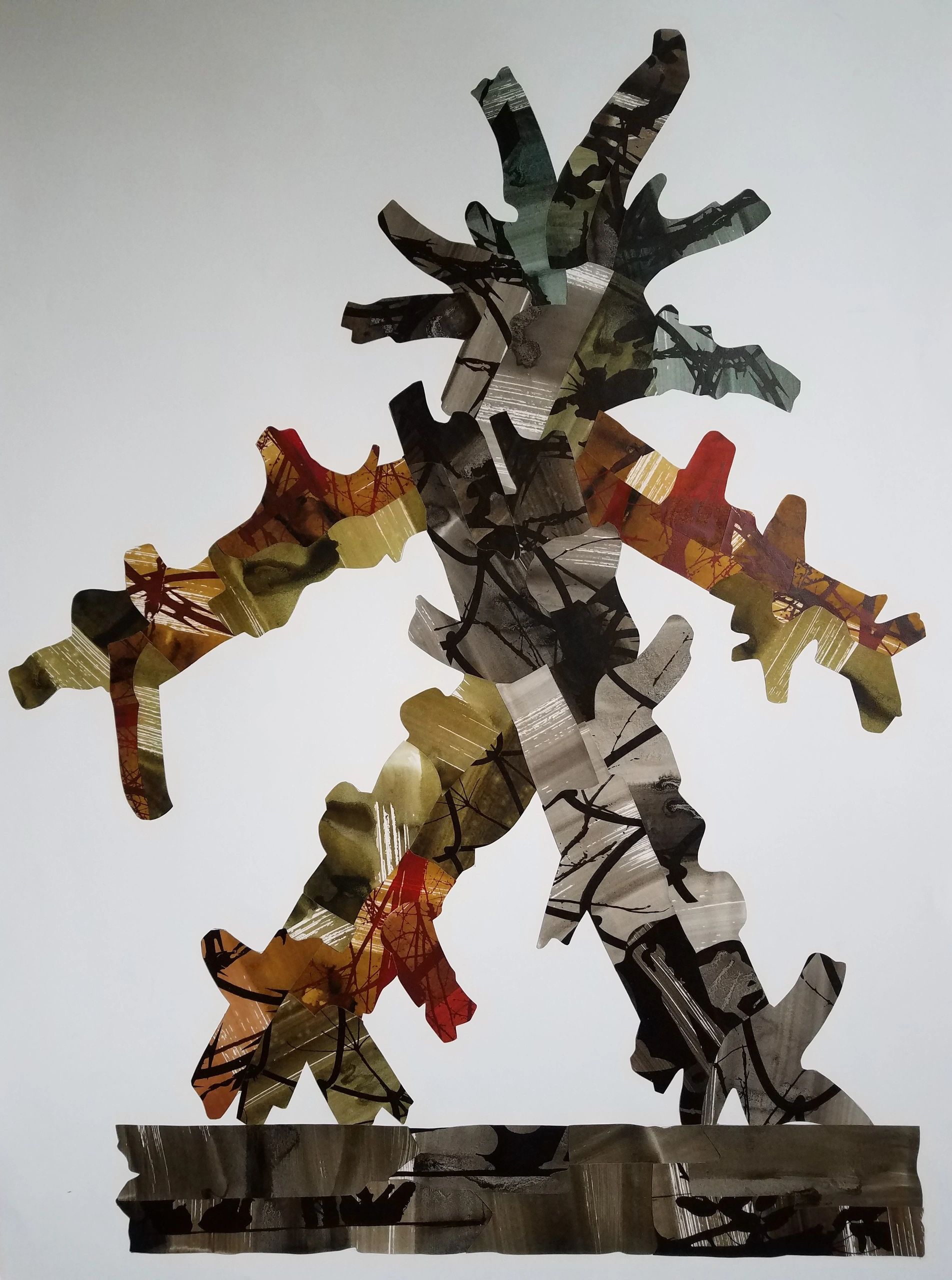 A paper collage of an abstract rendering of a figure walking.