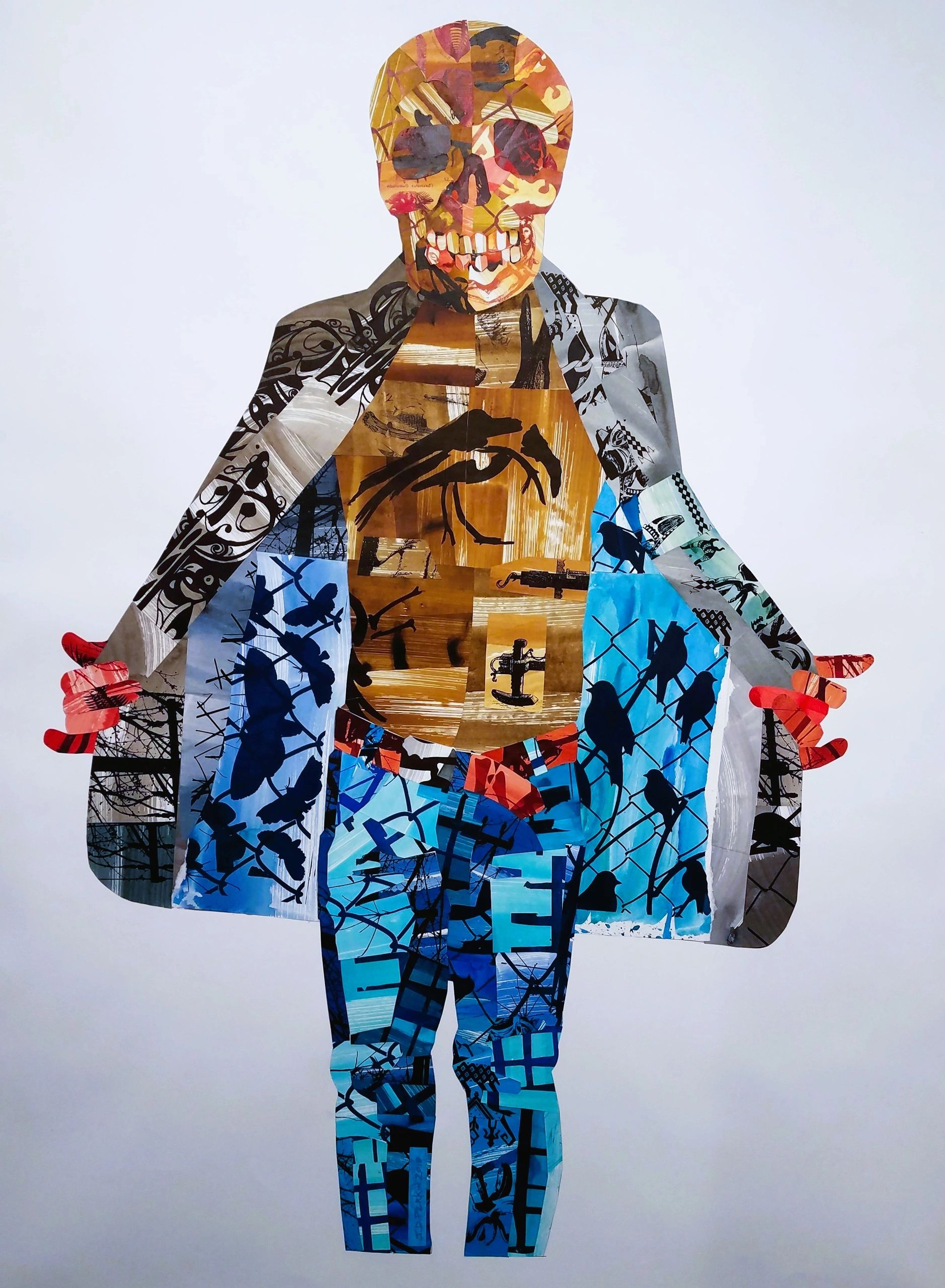 Large paper collage depicting man with Skull head opening his coat. Abstract.