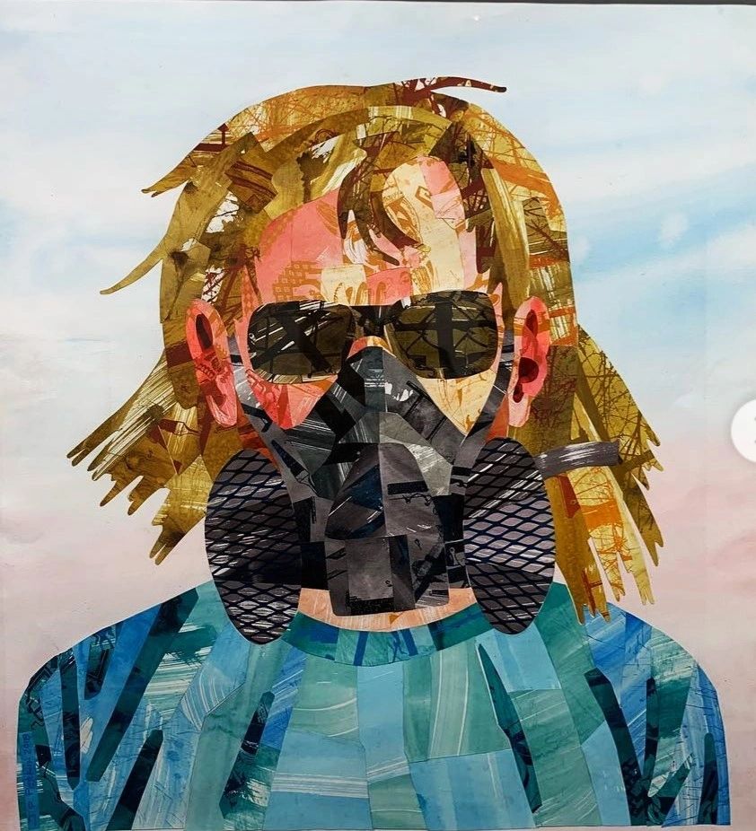 Paper collage depicting a worker with respirator.