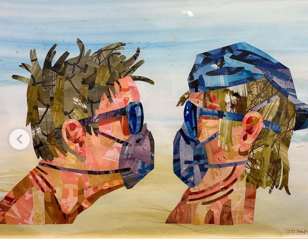 Paper collage of two heads.