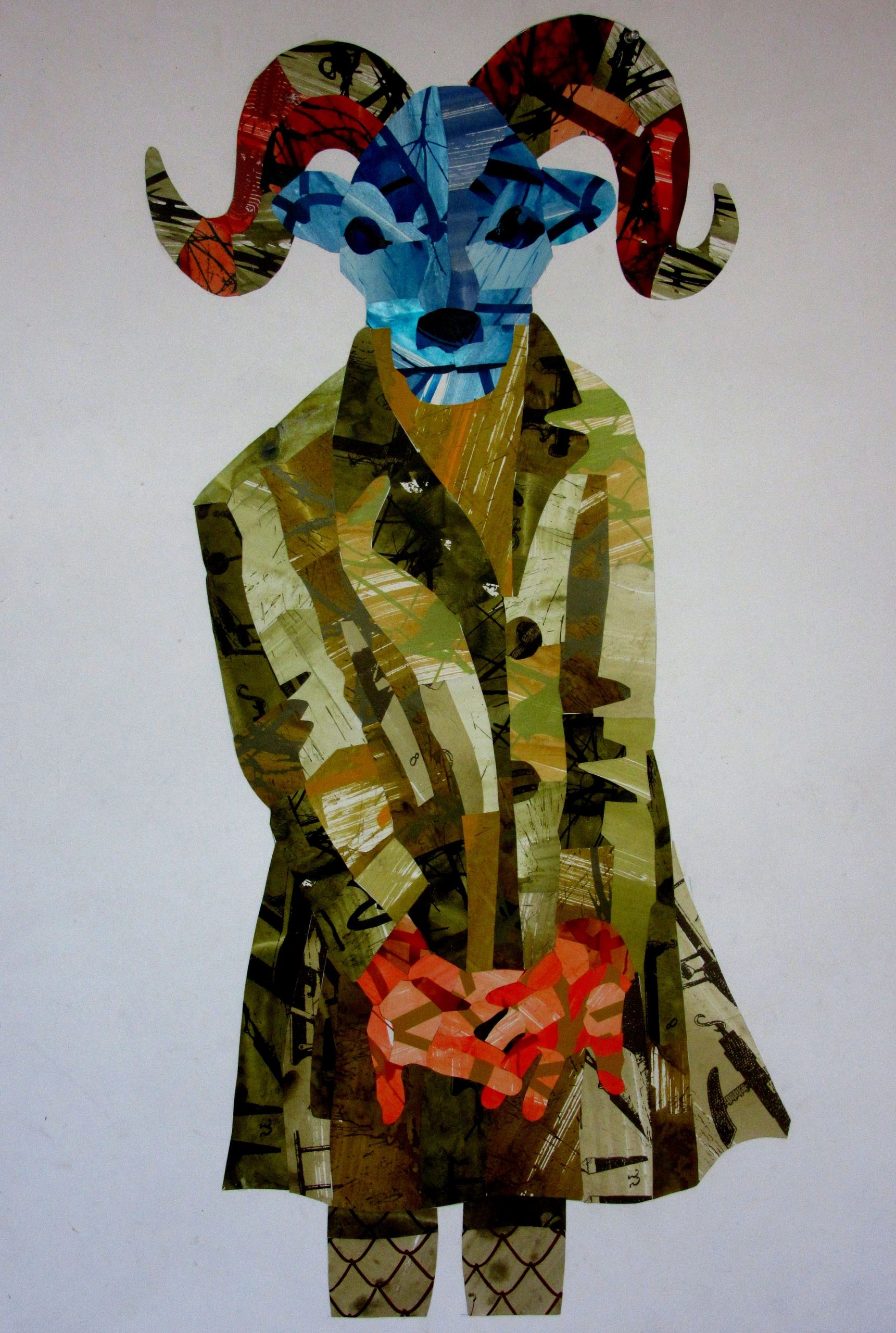 A paper collage of a human with goat head.