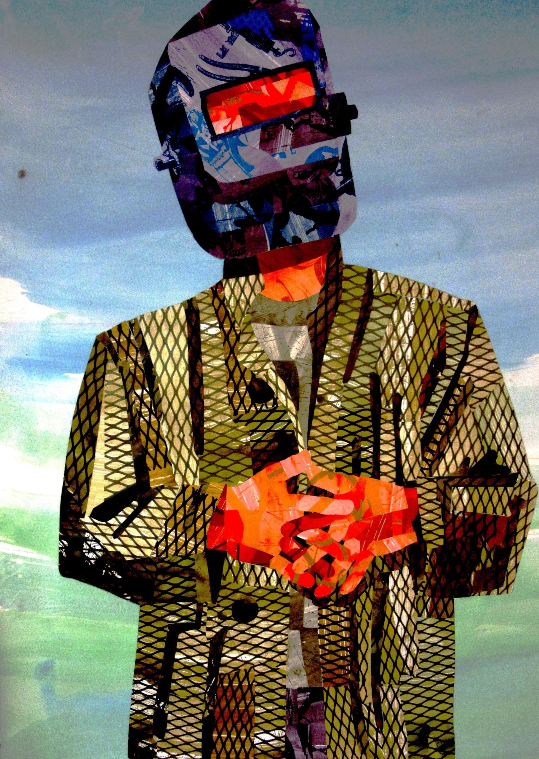 A paper collage depicting a welder.