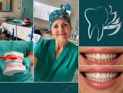 Dentist with dental tools and before-after teeth whitening photos.