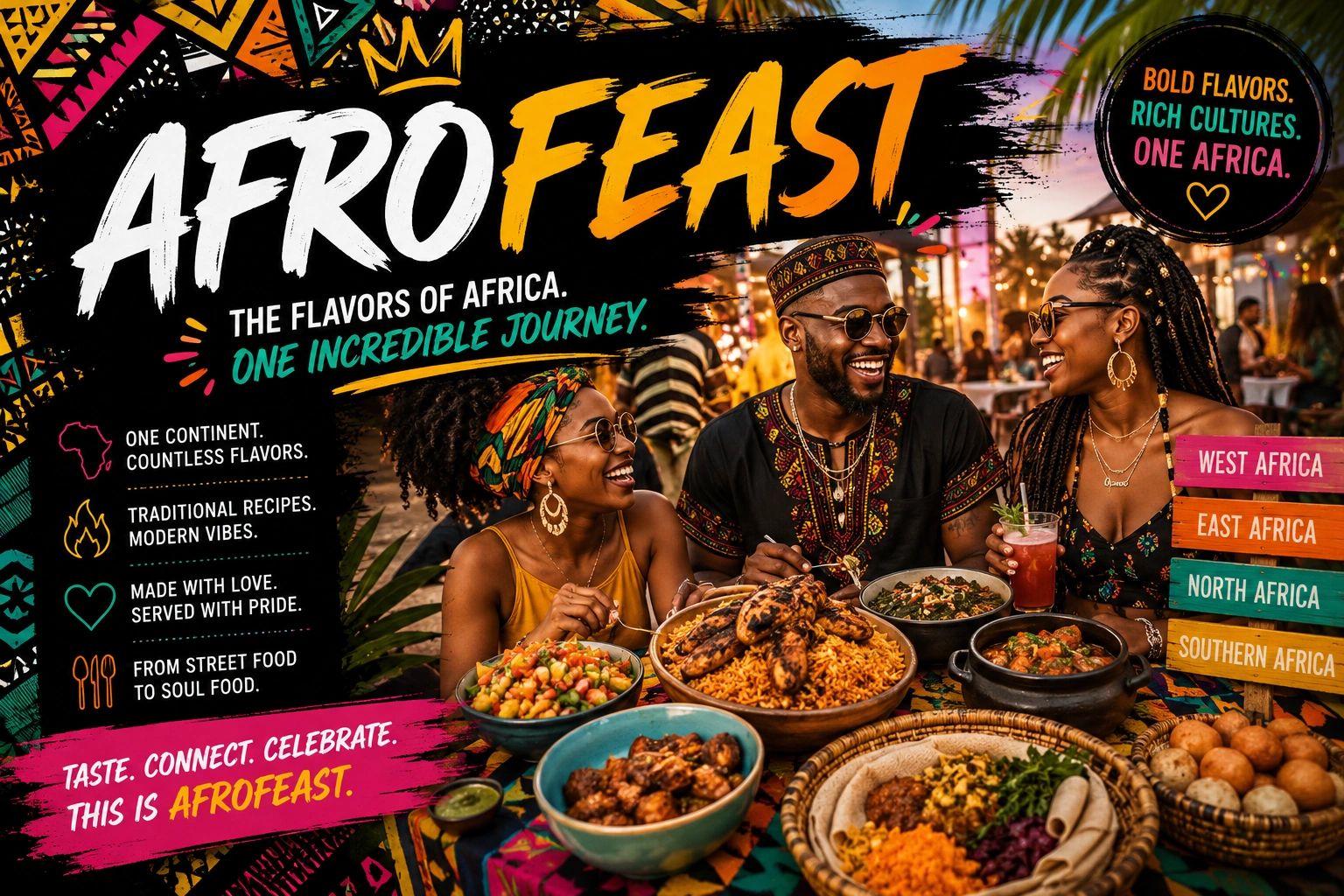 Three people enjoying African food at AfroFeast celebration.