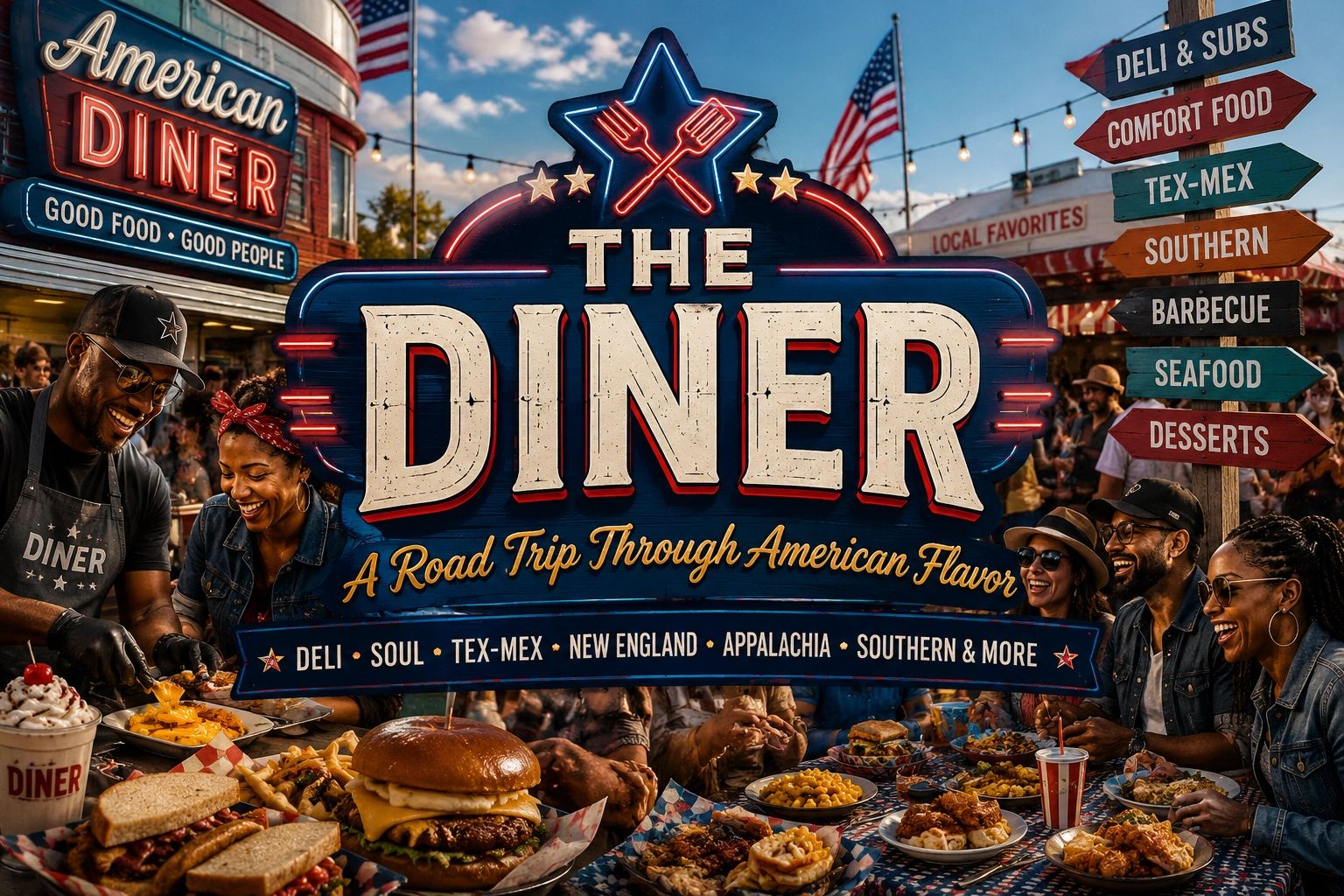 People enjoying a variety of American diner foods at a vibrant outdoor setting.