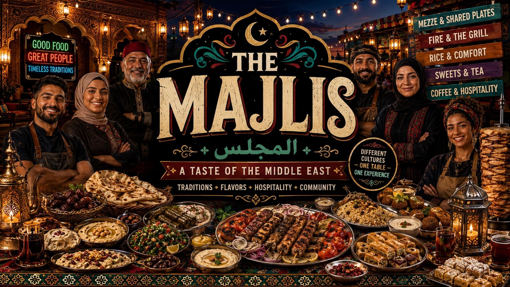 The Majlis Middle Eastern food showcase with smiling hosts and traditional dishes.