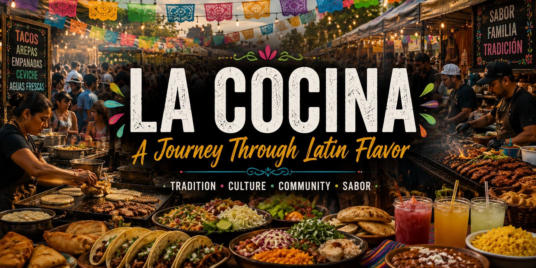 Latin food market with tacos, drinks, and grilled meats.