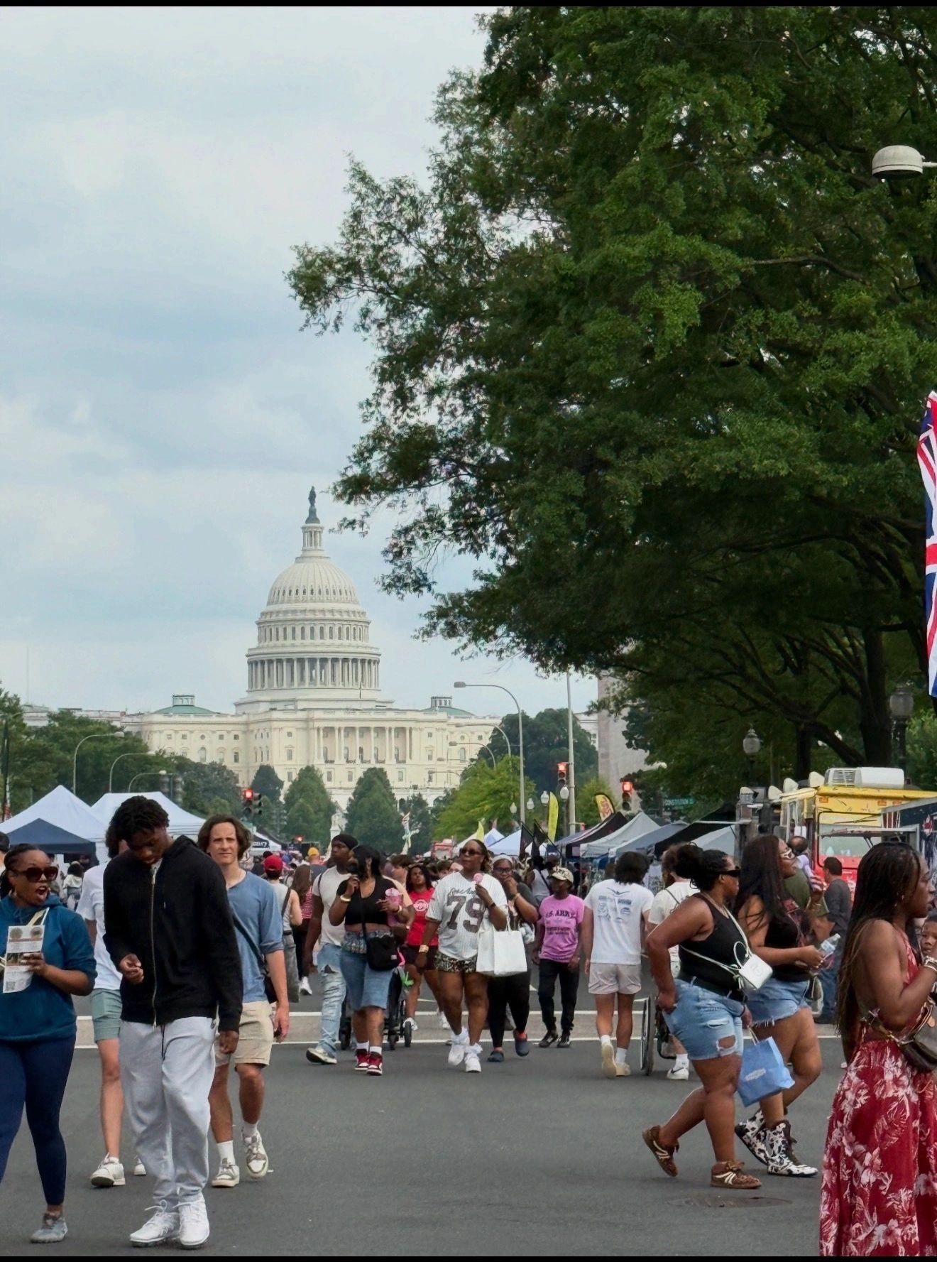 Crowd walking near the Capitol building on a cloudy day.