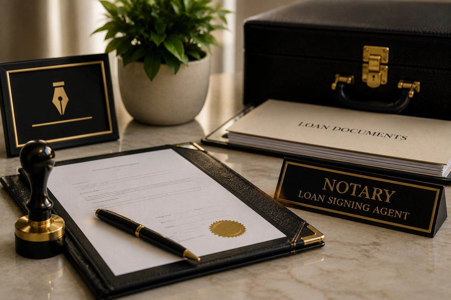 Notary setup with loan documents, stamp, pen, and nameplate.