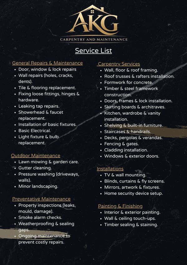 AKG Carpentry and Maintenance service list covering repairs, carpentry, outdoor care, installations, and painting.
