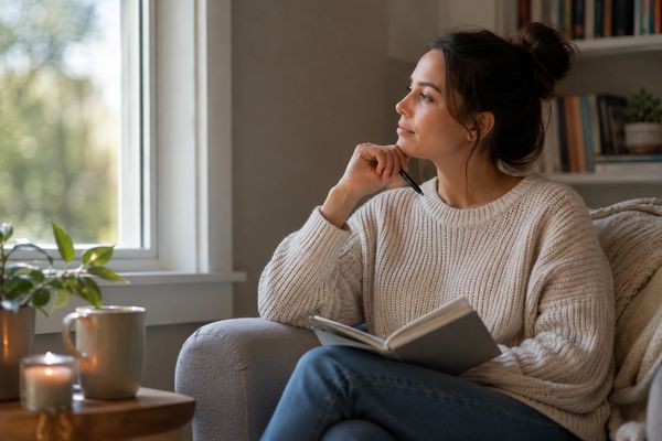 Woman in a cozy sweater gazing out the window while holding a book.