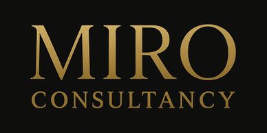 Elegant gold text logo for MIRO Consultancy on a black background.