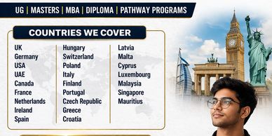 List of countries covered by educational programs including UG, Masters, MBA, Diploma, and Pathway.