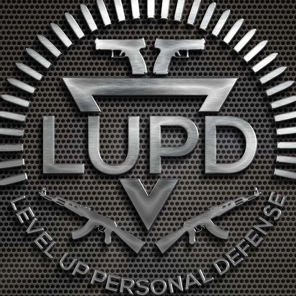 Metallic logo of LUPD surrounded by bullets and firearms on a textured background.