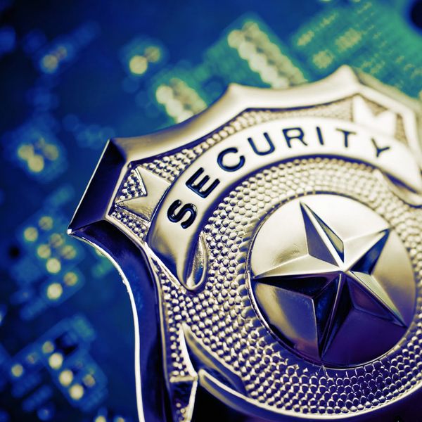 Close-up of a shiny security badge with a star emblem.