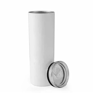 White tall stainless-steel cup on a white background. 