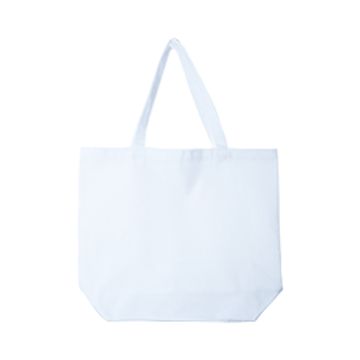 A large white tote bag on a white background. 
