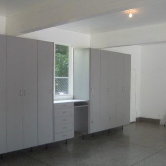 garage cabinets around window with desk