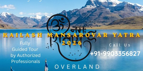 Scenic Kailash Mansarovar Yatra 2026 tour advertisement with mountain lake backdrop.