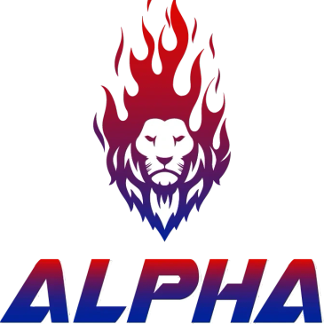 Lion head with flames above the word ALPHA.