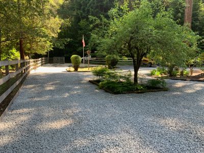 A serene gravel driveway bordered by wooden fences and lush green trees.
