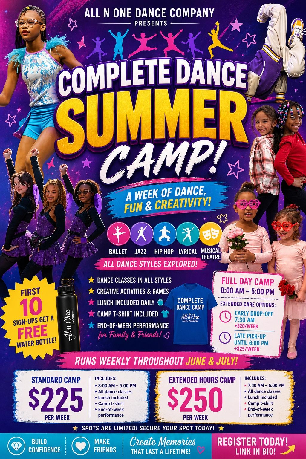 Colorful flyer for a Complete Dance Summer Camp with dance styles, schedules, and pricing.